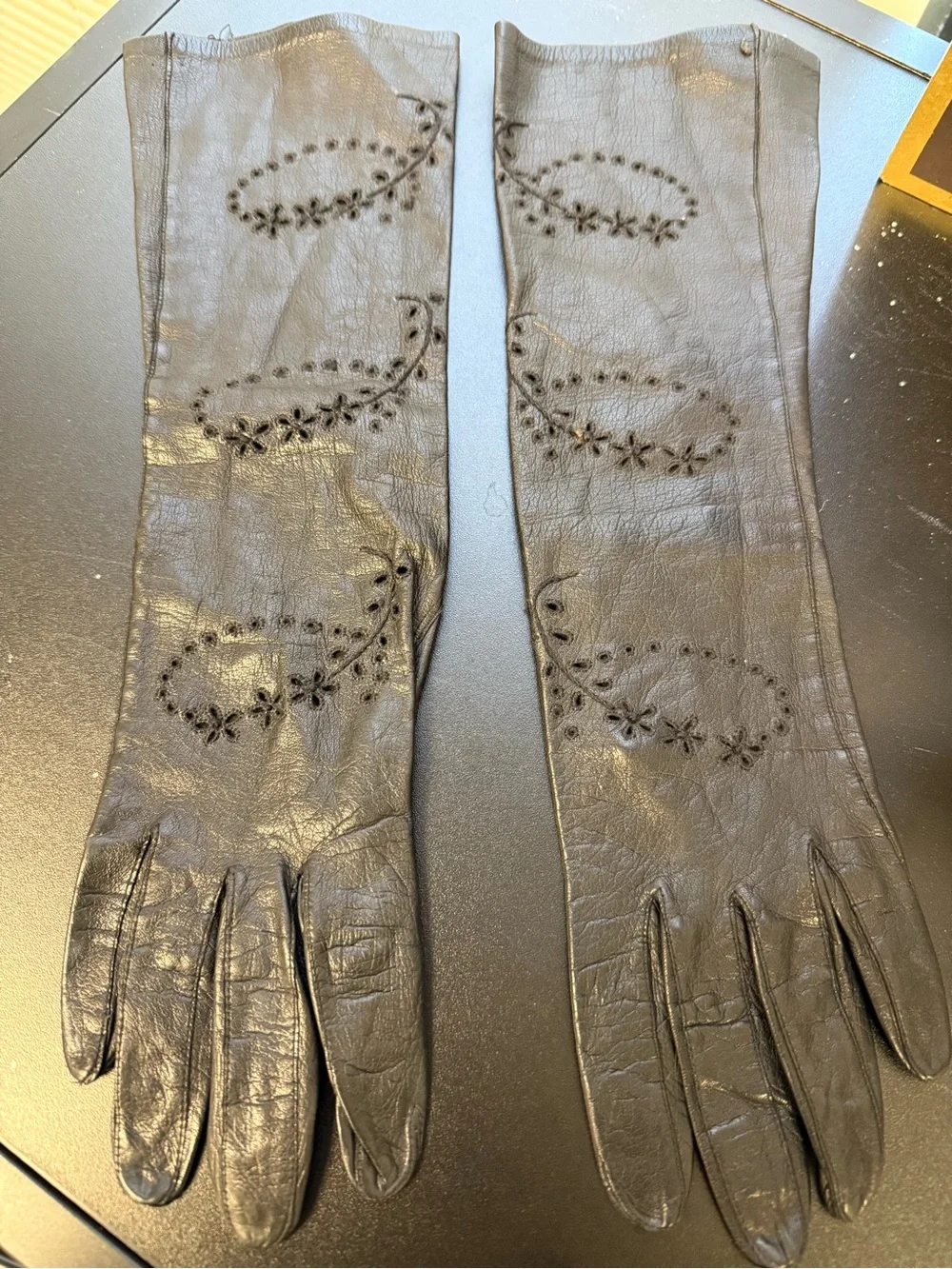 Vintage Black Leather Evening Women's Gloves w/ intricate floral cut-out design